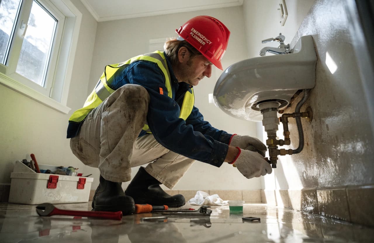 Plumber checking a kitchen sink and water pipe in a home